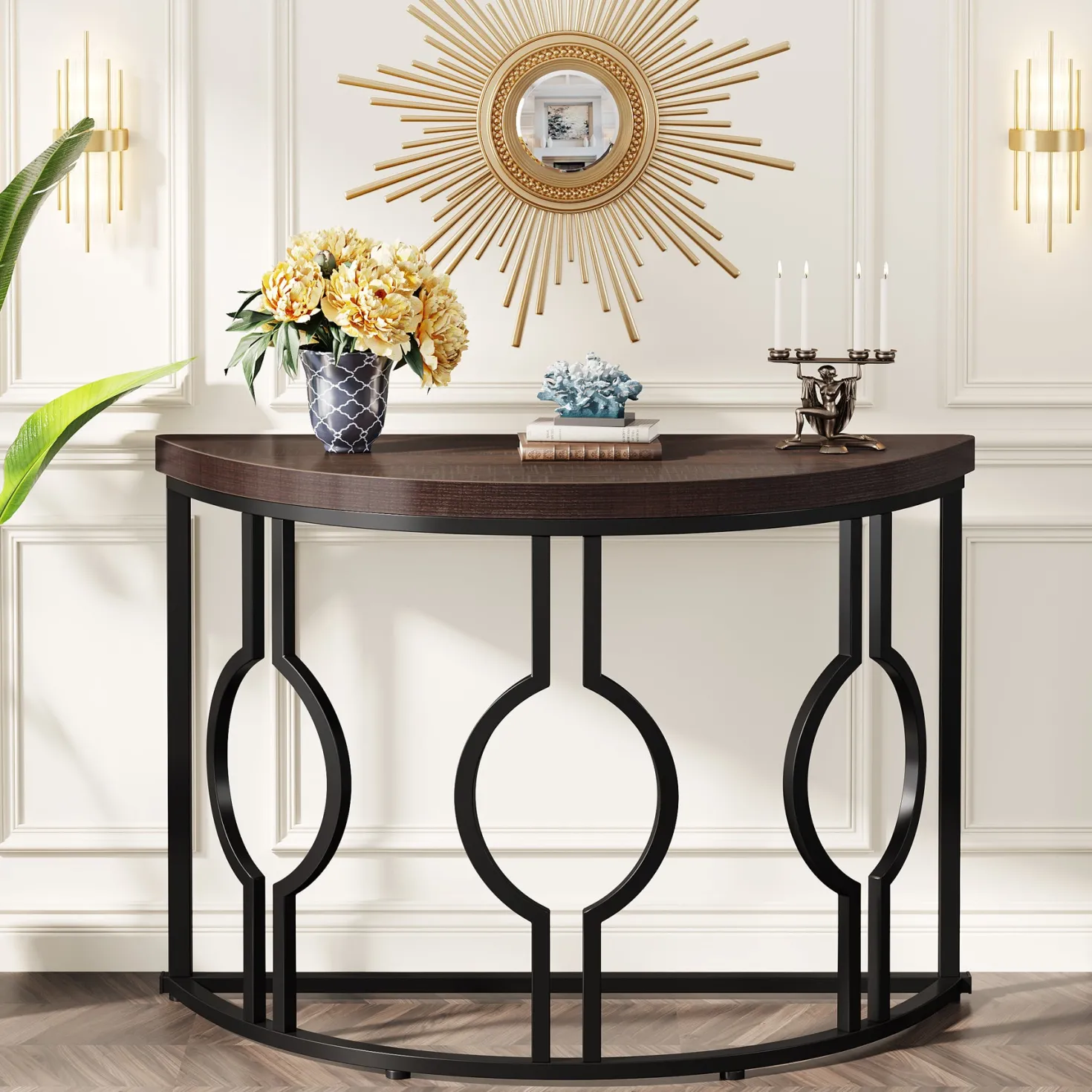 43" Industrial Console Table, Half Moon Shaped Accent Sofa Table