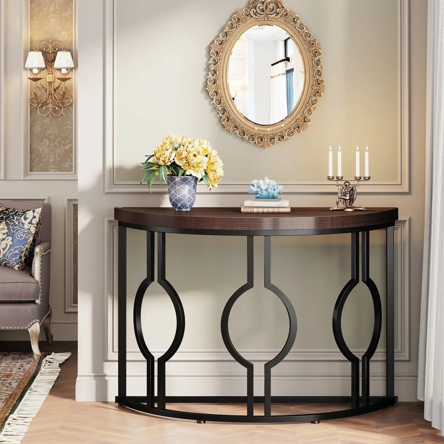 43" Industrial Console Table, Half Moon Shaped Accent Sofa Table