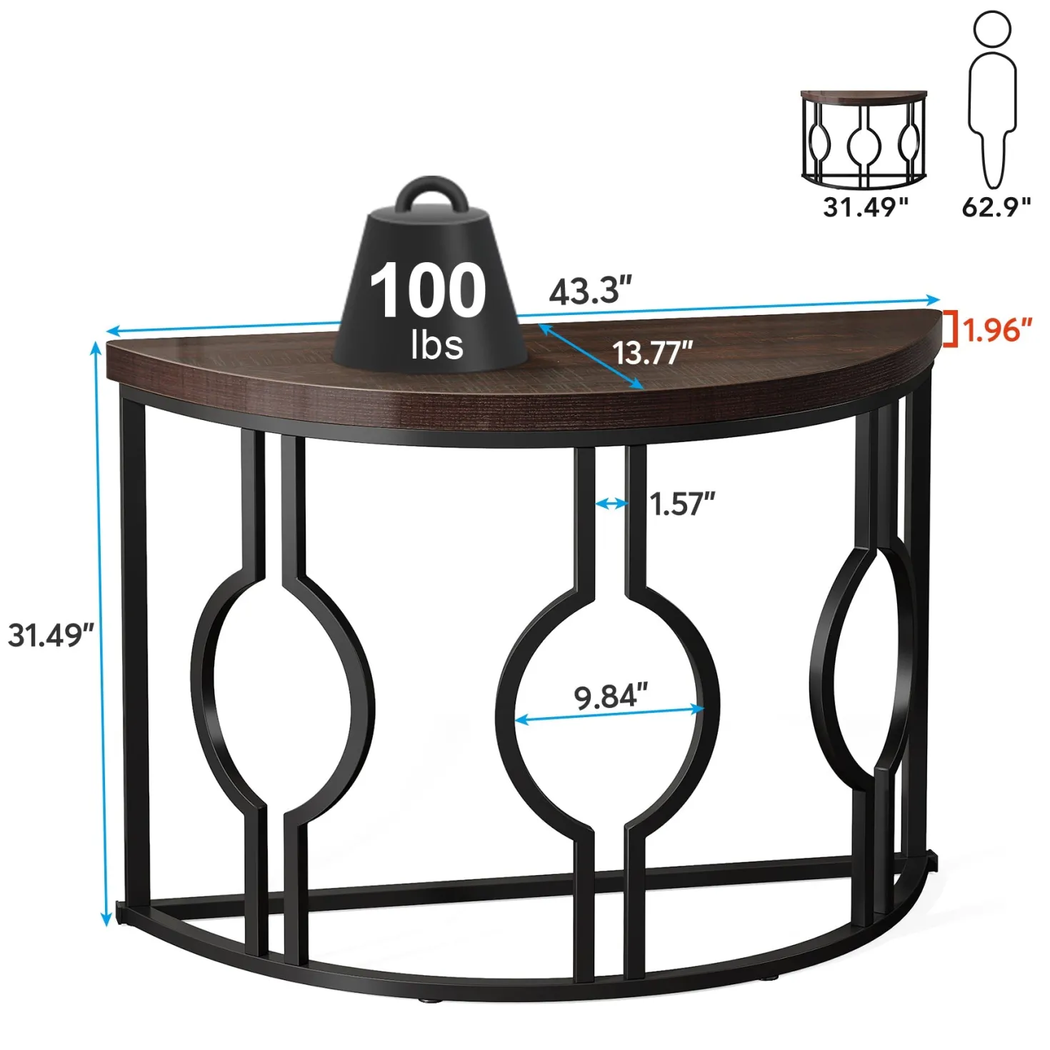 43" Industrial Console Table, Half Moon Shaped Accent Sofa Table