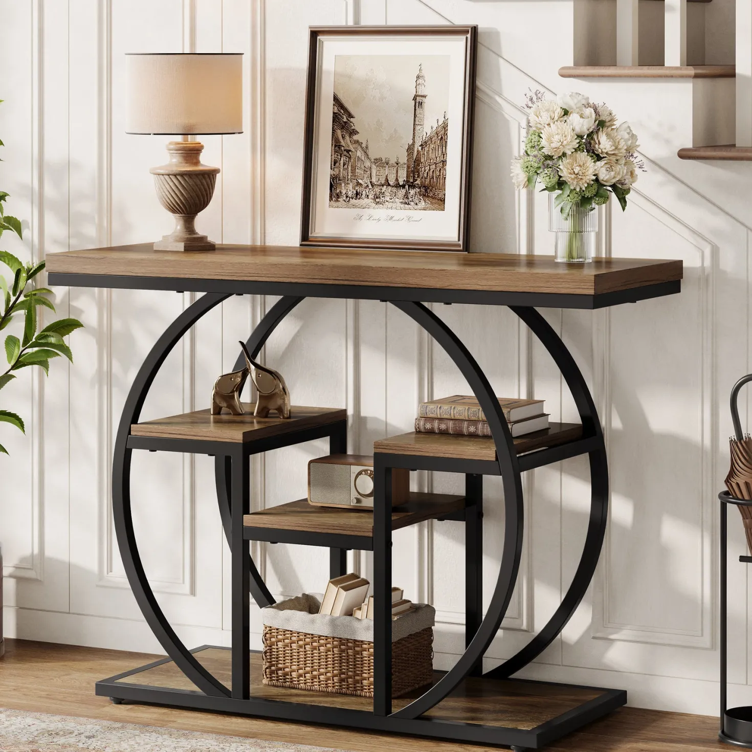 41.3" Industrial Console Table, 4-Tier Sofa Table with Storage Shelves