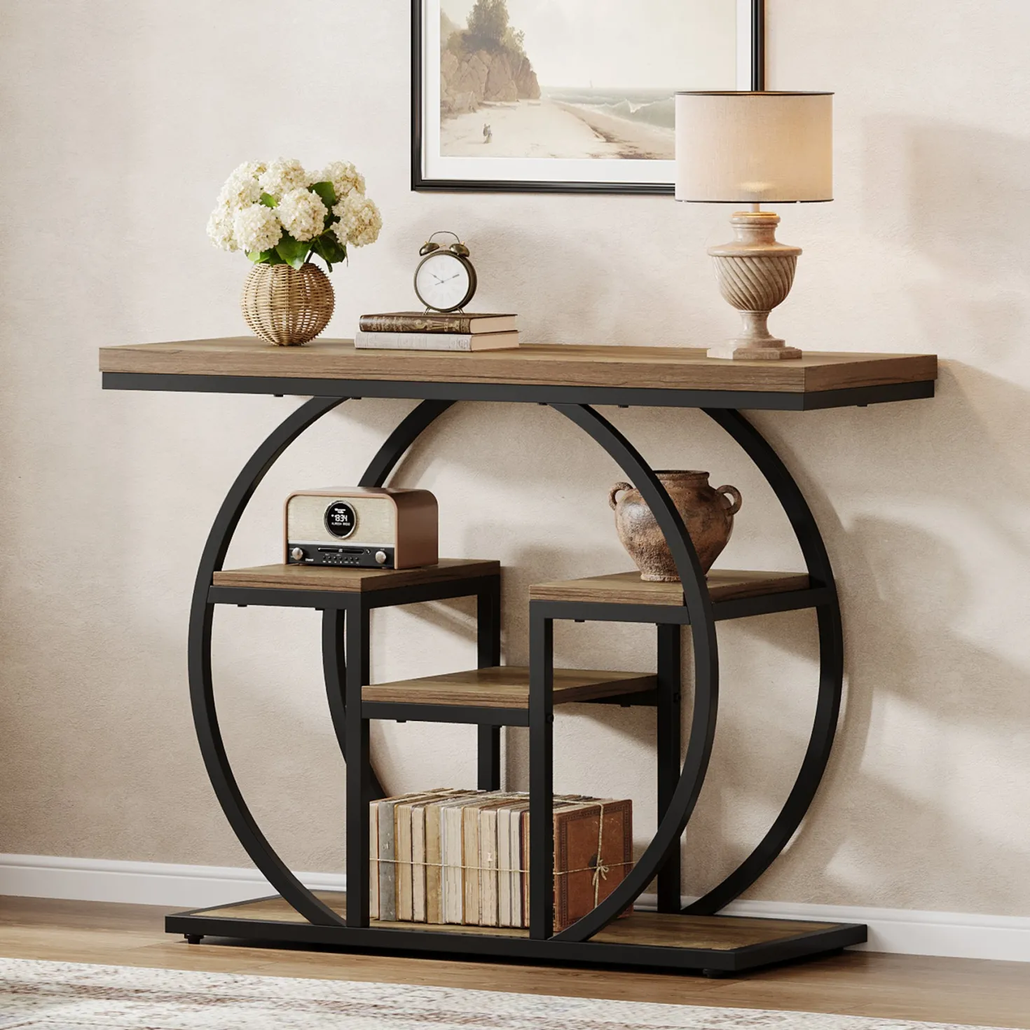41.3" Industrial Console Table, 4-Tier Sofa Table with Storage Shelves
