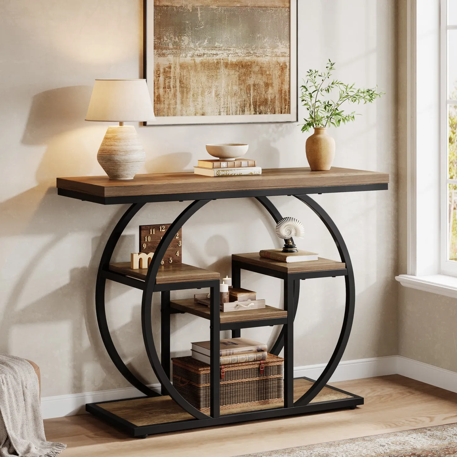 41.3" Industrial Console Table, 4-Tier Sofa Table with Storage Shelves