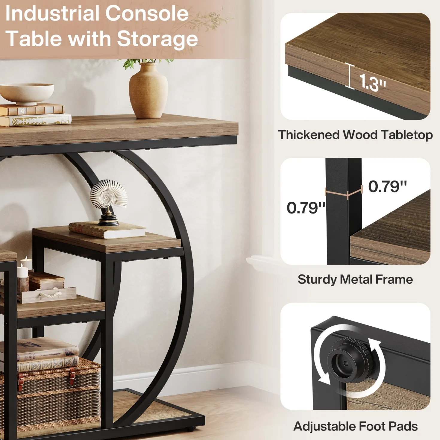 41.3" Industrial Console Table, 4-Tier Sofa Table with Storage Shelves