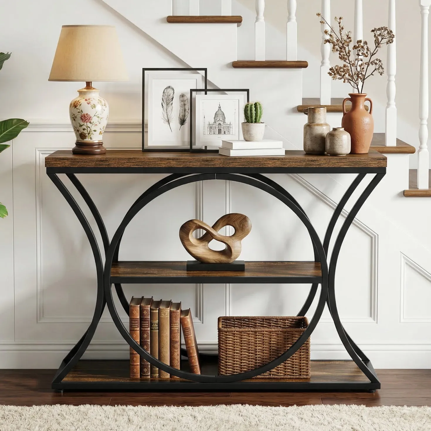 41.3" Industrial Console Table with 3-Tier Storage, Narrow Entryway Sofa Table with Arched Metal Frame
