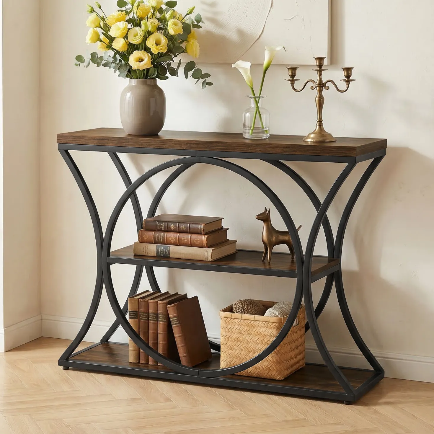 41.3" Industrial Console Table with 3-Tier Storage, Narrow Entryway Sofa Table with Arched Metal Frame
