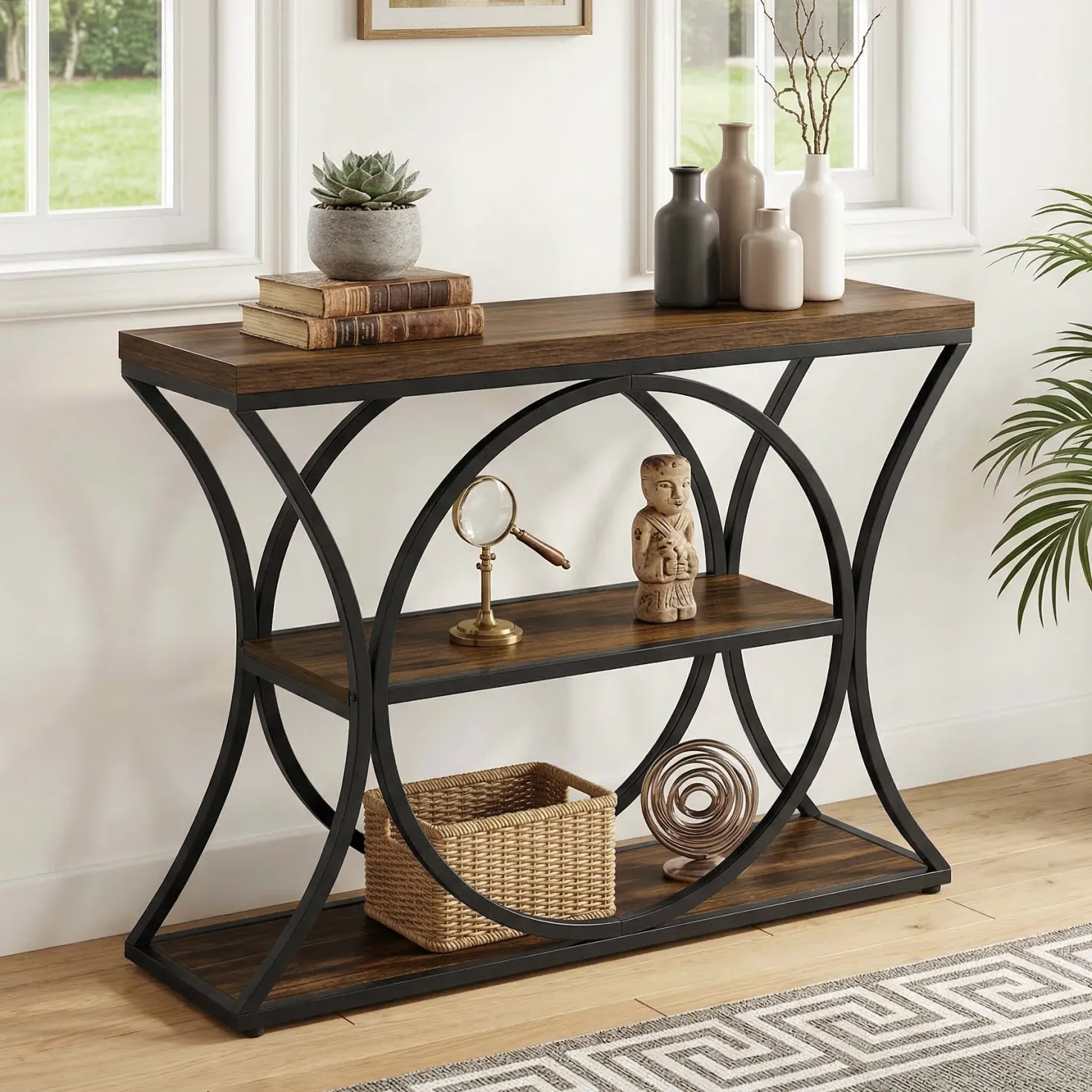 41.3" Industrial Console Table with 3-Tier Storage, Narrow Entryway Sofa Table with Arched Metal Frame