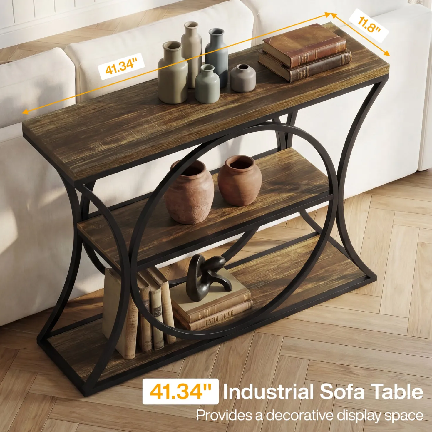 41.3" Industrial Console Table with 3-Tier Storage, Narrow Entryway Sofa Table with Arched Metal Frame