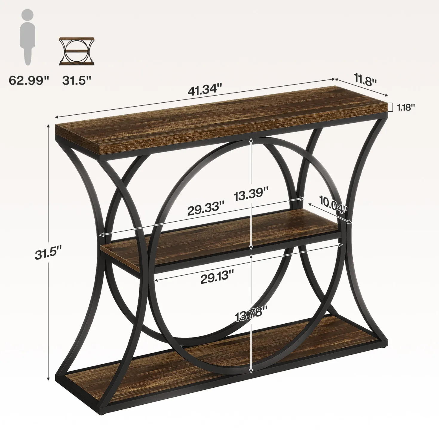 41.3" Industrial Console Table with 3-Tier Storage, Narrow Entryway Sofa Table with Arched Metal Frame