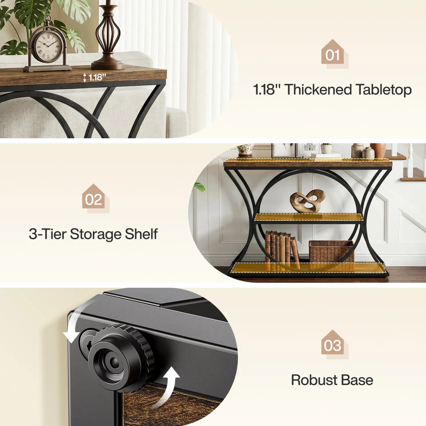 41.3" Industrial Console Table with 3-Tier Storage, Narrow Entryway Sofa Table with Arched Metal Frame