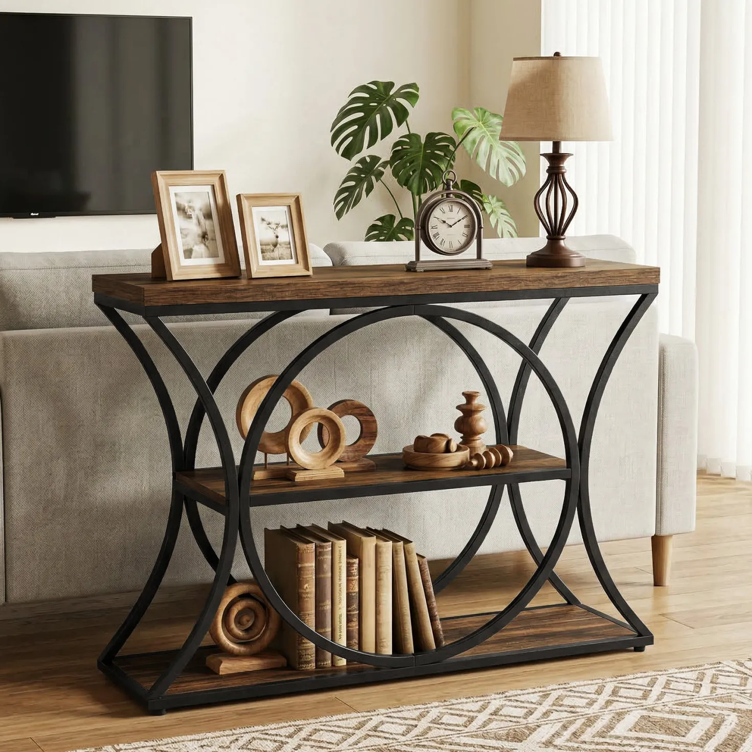 41.3" Industrial Console Table with 3-Tier Storage, Narrow Entryway Sofa Table with Arched Metal Frame