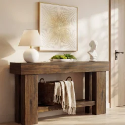 63" Industrial Console Table with Storage Shelf, 2-Tier Sofa Table for Behind Couch