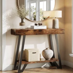 41“ Industrial Console Table with Geometric Metal Frame, 2-Tier Rustic Entryway Sofa Table