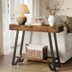41“ Industrial Console Table with Geometric Metal Frame, 2-Tier Rustic Entryway Sofa Table