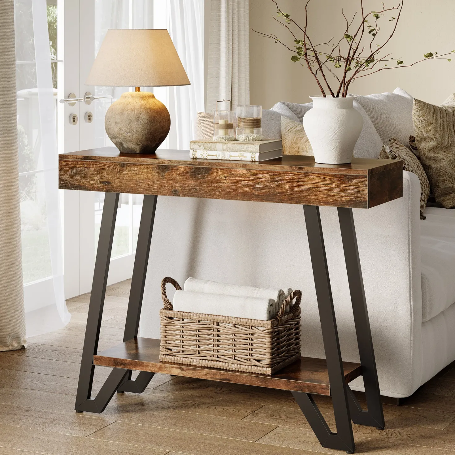 41“ Industrial Console Table with Geometric Metal Frame, 2-Tier Rustic Entryway Sofa Table