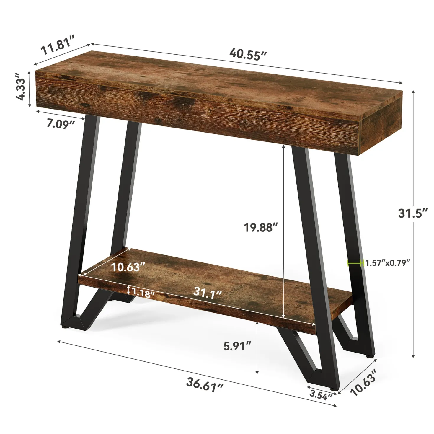 41“ Industrial Console Table with Geometric Metal Frame, 2-Tier Rustic Entryway Sofa Table