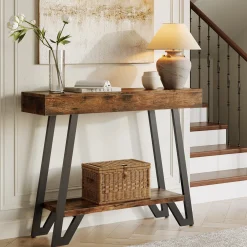 41“ Industrial Console Table with Geometric Metal Frame, 2-Tier Rustic Entryway Sofa Table