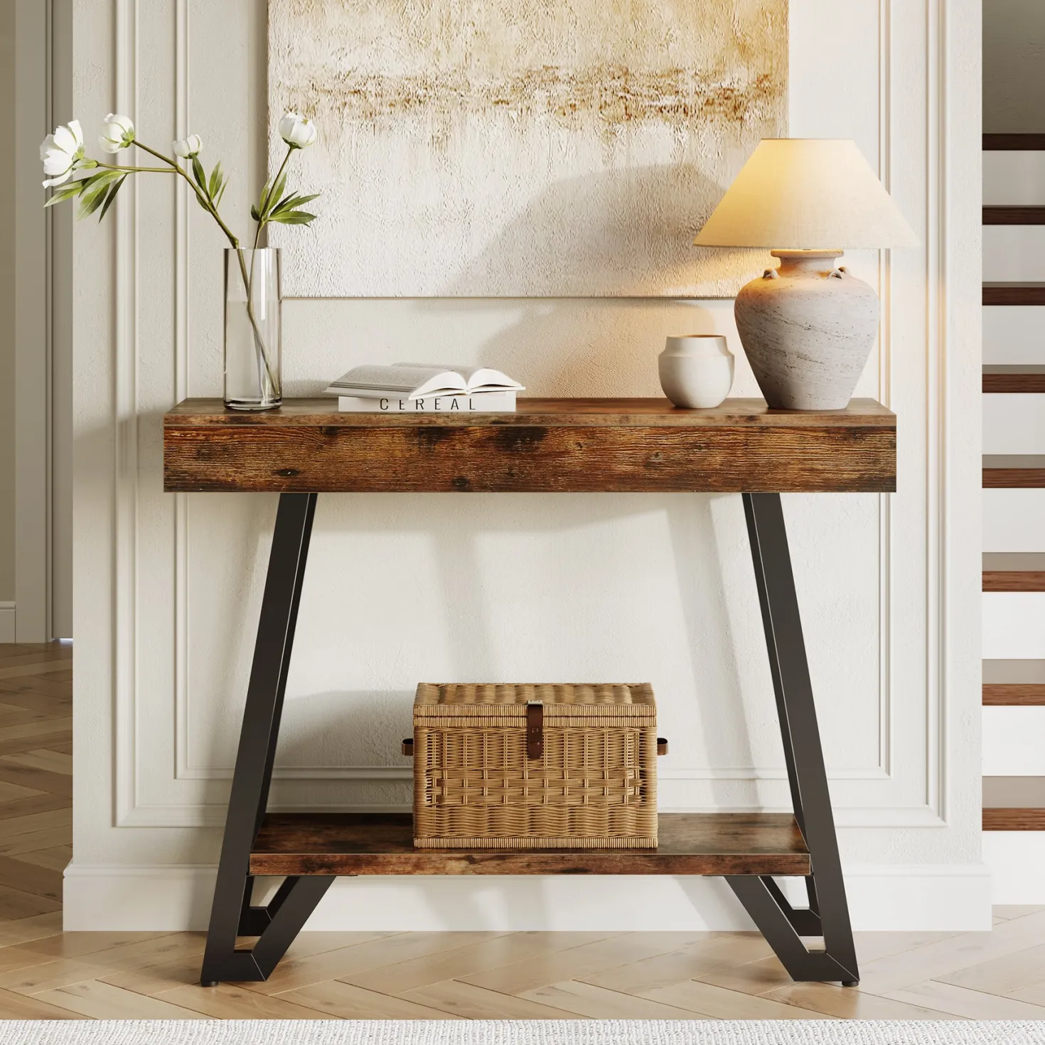 41“ Industrial Console Table with Geometric Metal Frame, 2-Tier Rustic Entryway Sofa Table