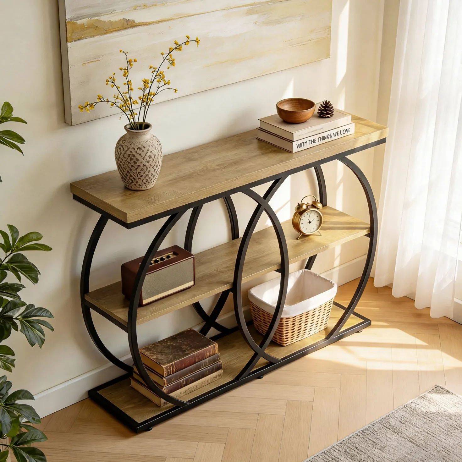 41.3" Industrial Console Table with 3-Tier Shelves, Narrow Entryway Sofa Table with Metal Frame