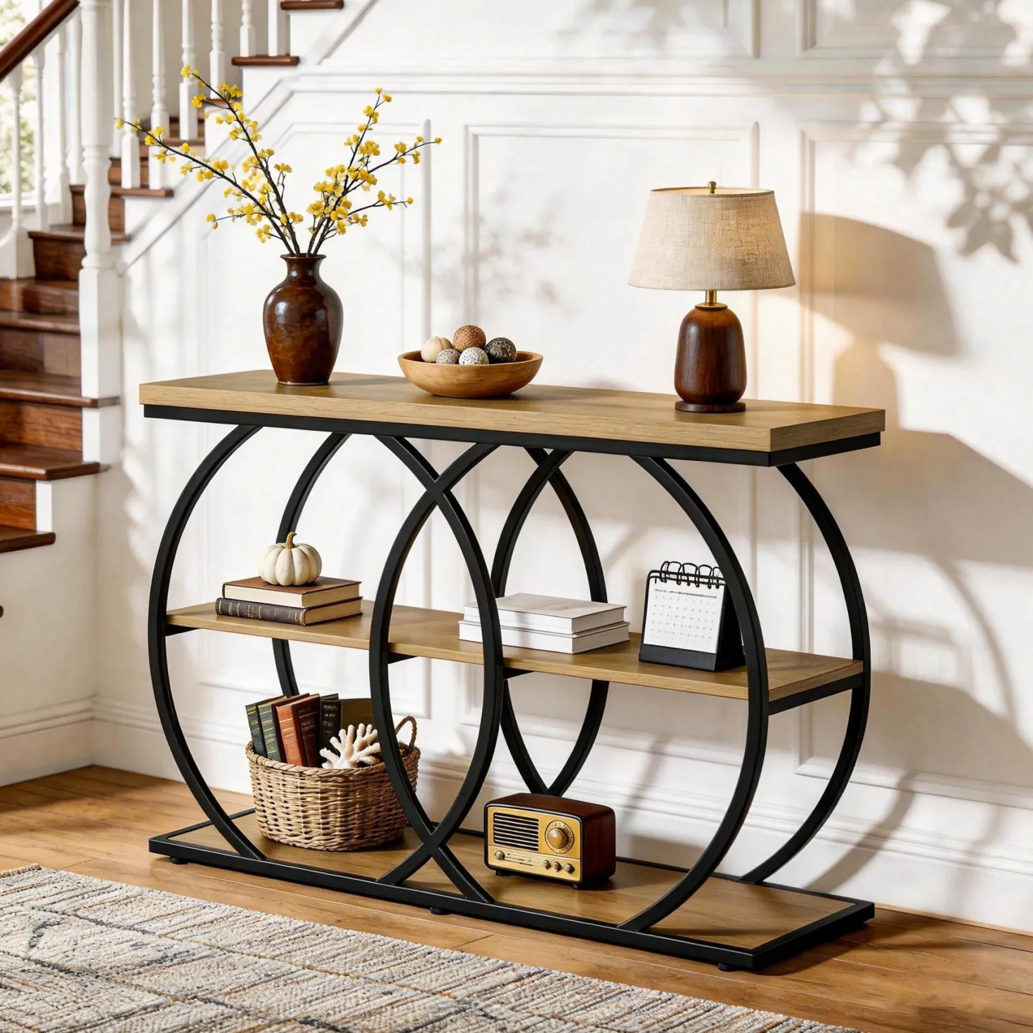 41.3" Industrial Console Table with 3-Tier Shelves, Narrow Entryway Sofa Table with Metal Frame