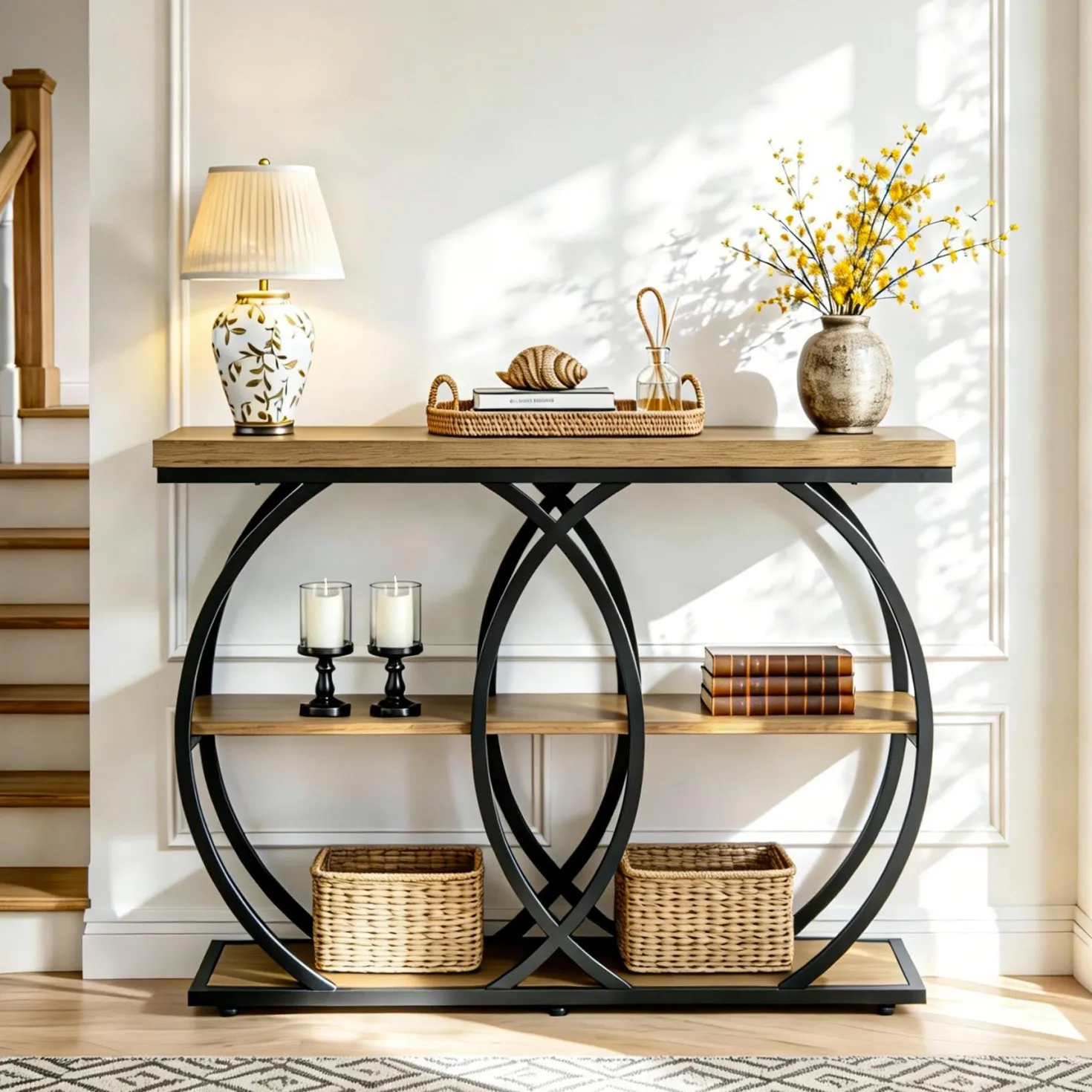41.3" Industrial Console Table with 3-Tier Shelves, Narrow Entryway Sofa Table with Metal Frame
