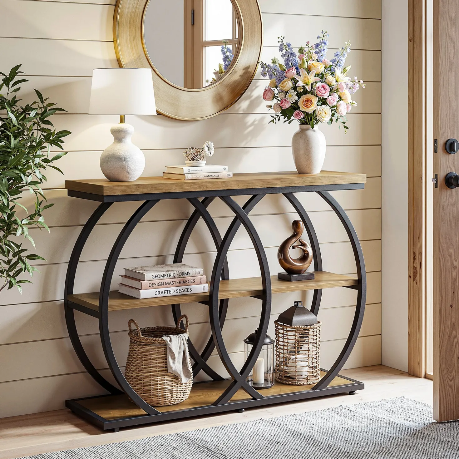 41.3" Industrial Console Table with 3-Tier Shelves, Narrow Entryway Sofa Table with Metal Frame