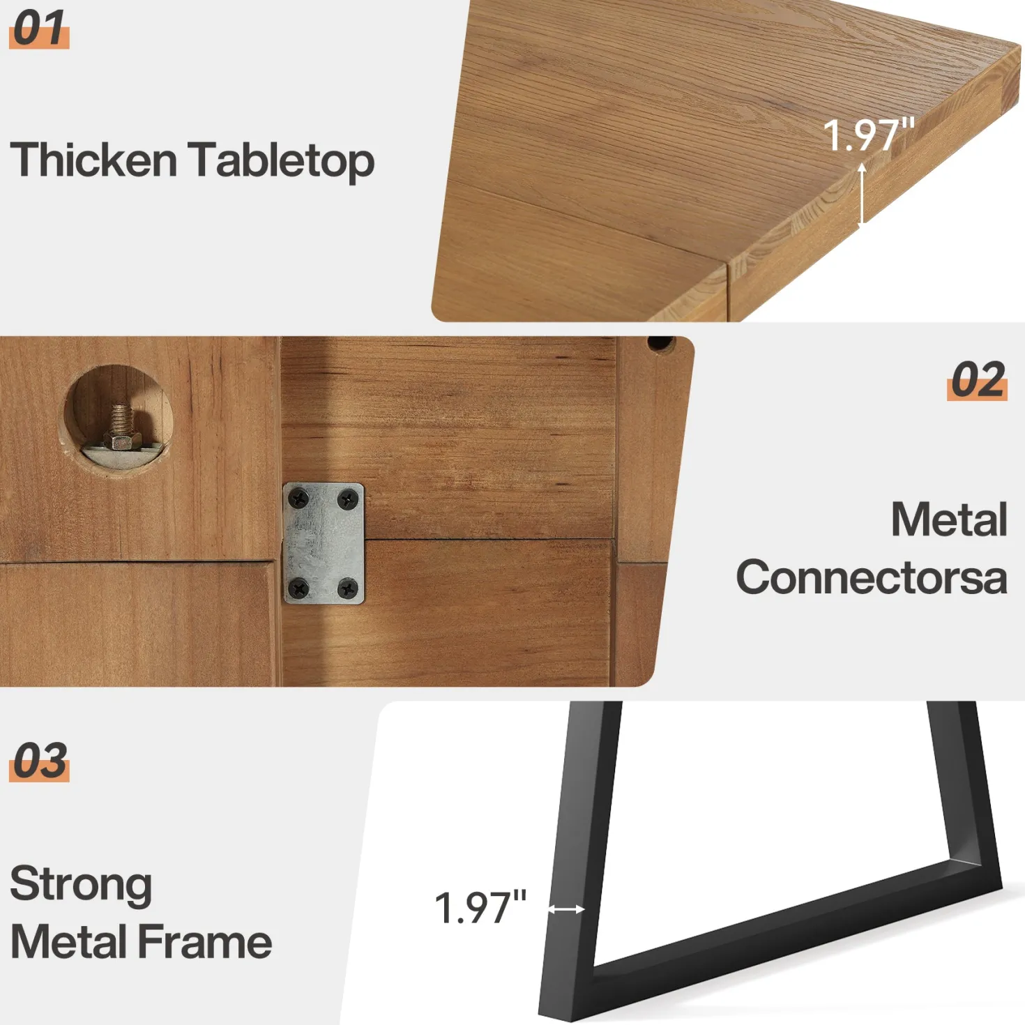 63" Industrial Dining Table, Solid Wood Rectangular Kitchen Table for 4-6 People