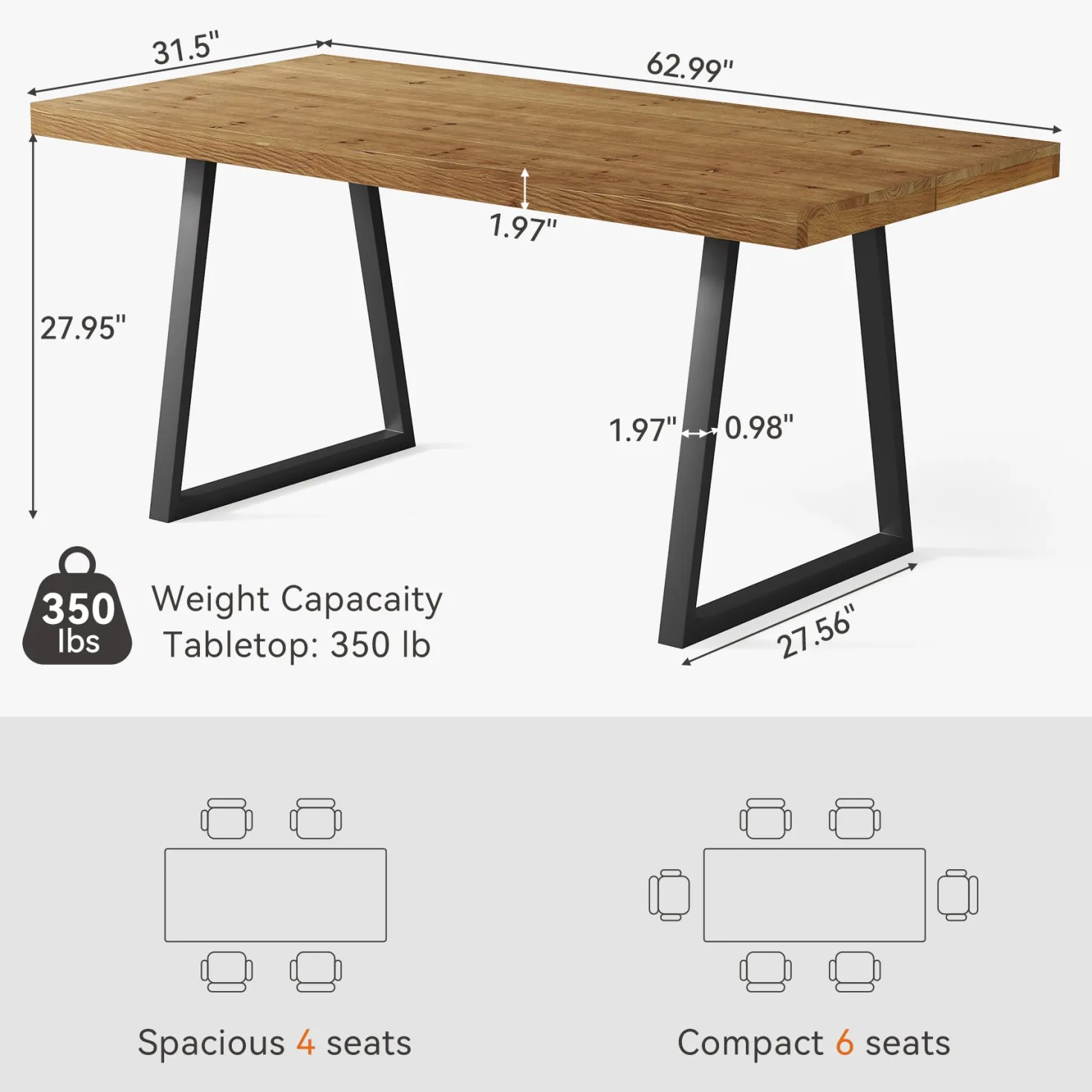 63" Industrial Dining Table, Solid Wood Rectangular Kitchen Table for 4-6 People