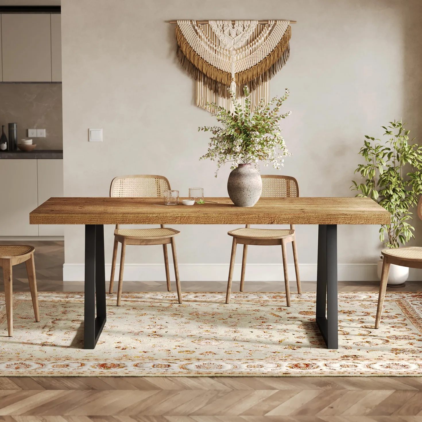 63" Industrial Dining Table, Solid Wood Rectangular Kitchen Table for 4-6 People