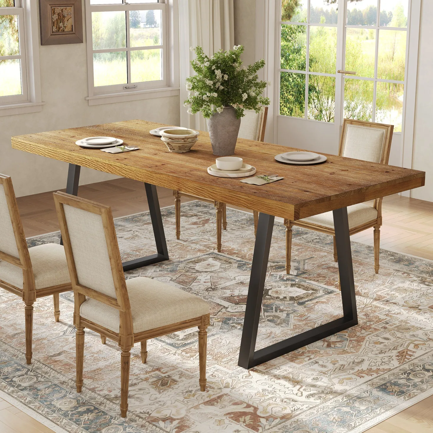 63" Industrial Dining Table, Solid Wood Rectangular Kitchen Table for 4-6 People