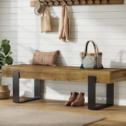 63" Industrial Entryway Bench, Farmhouse Wood Shoe Bench End of Bed Stool with Metal Legs