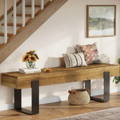63" Industrial Entryway Bench, Farmhouse Wood Shoe Bench End of Bed Stool with Metal Legs