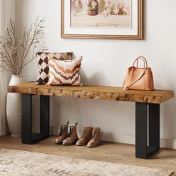 47" Industrial Entryway Bench, Solid Wood Shoe Bench End of Bed Bench