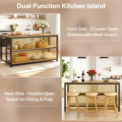 63" Industrial Kitchen Island, Stationary Island Coffee Bar Table With Storage Shelves