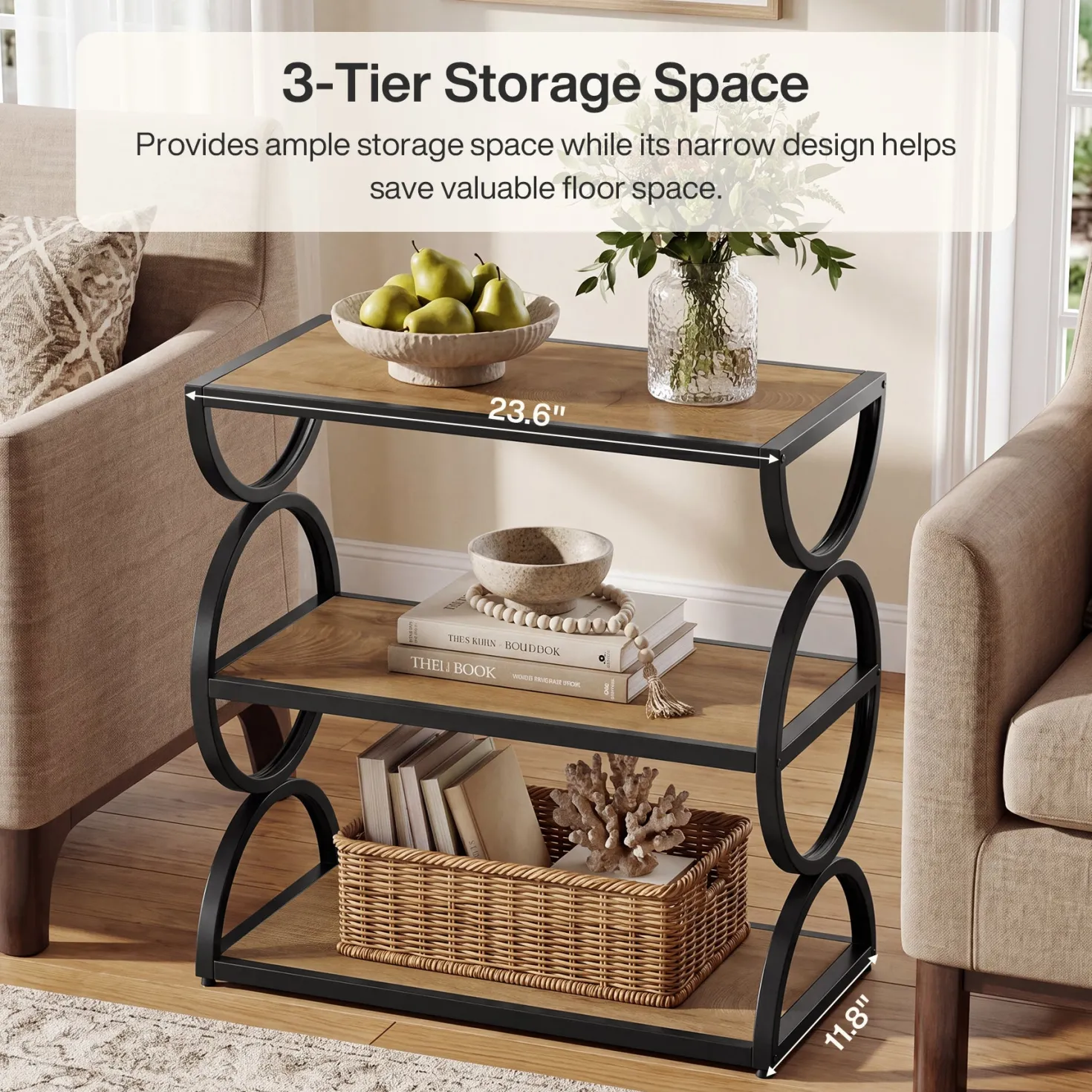 23.6” Industrial Nightstand, Bedside Table With 3-Tier Open Shelves For Small Bedrooms