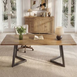 62" Industrial Office Desk, Modern Executive Computer Desk with Sturdy V-Shaped Metal Legs for Home Office