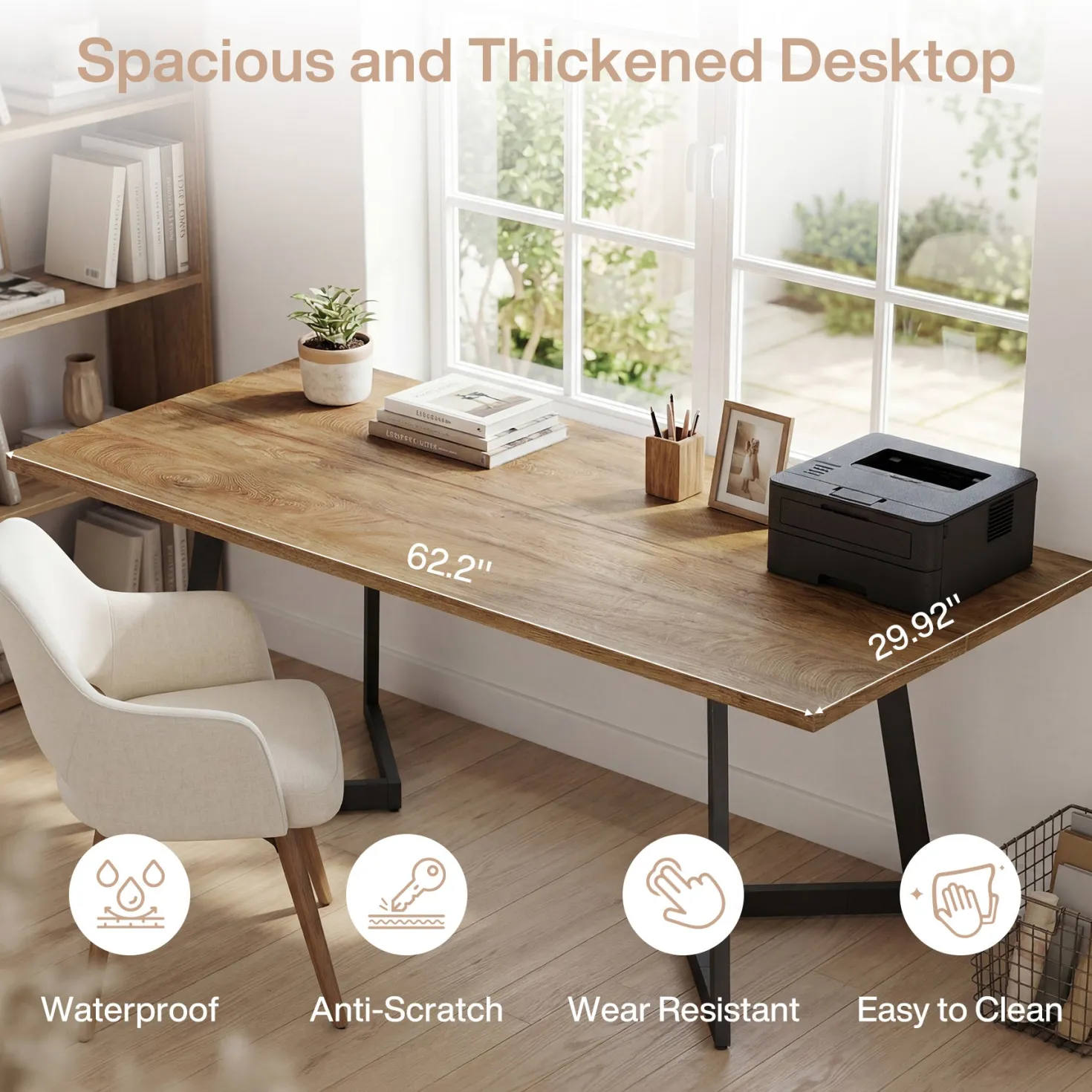 62" Industrial Office Desk, Modern Executive Computer Desk with Sturdy V-Shaped Metal Legs for Home Office