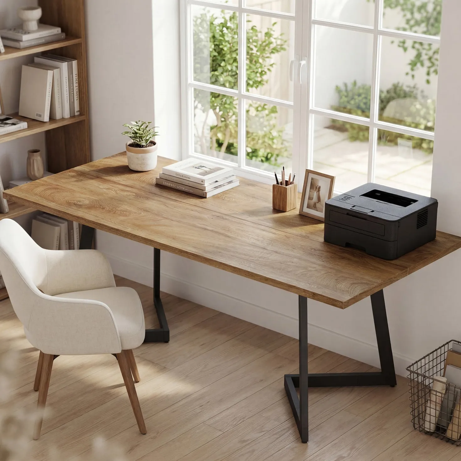 62" Industrial Office Desk, Modern Executive Computer Desk with Sturdy V-Shaped Metal Legs for Home Office