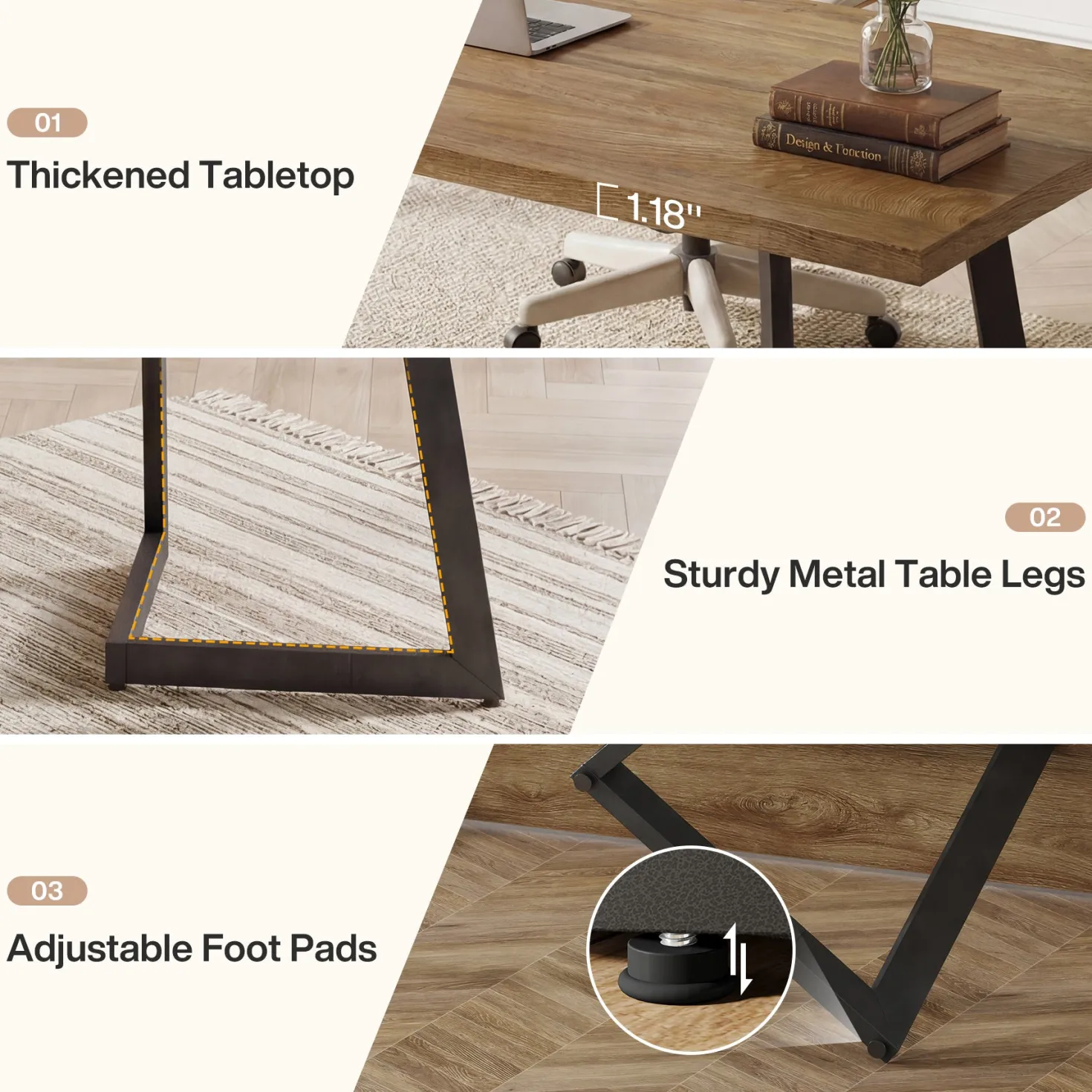 62" Industrial Office Desk, Modern Executive Computer Desk with Sturdy V-Shaped Metal Legs for Home Office