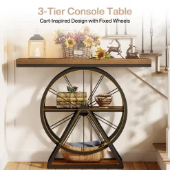 39.4" Industrial 3-Tier Console Table with Wheels, Narrow Entryway Sofa Table with Storage
