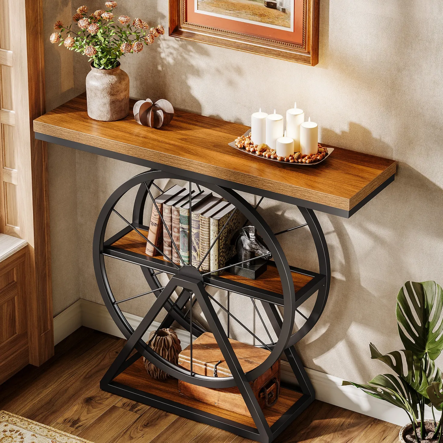 39.4" Industrial 3-Tier Console Table with Wheels, Narrow Entryway Sofa Table with Storage