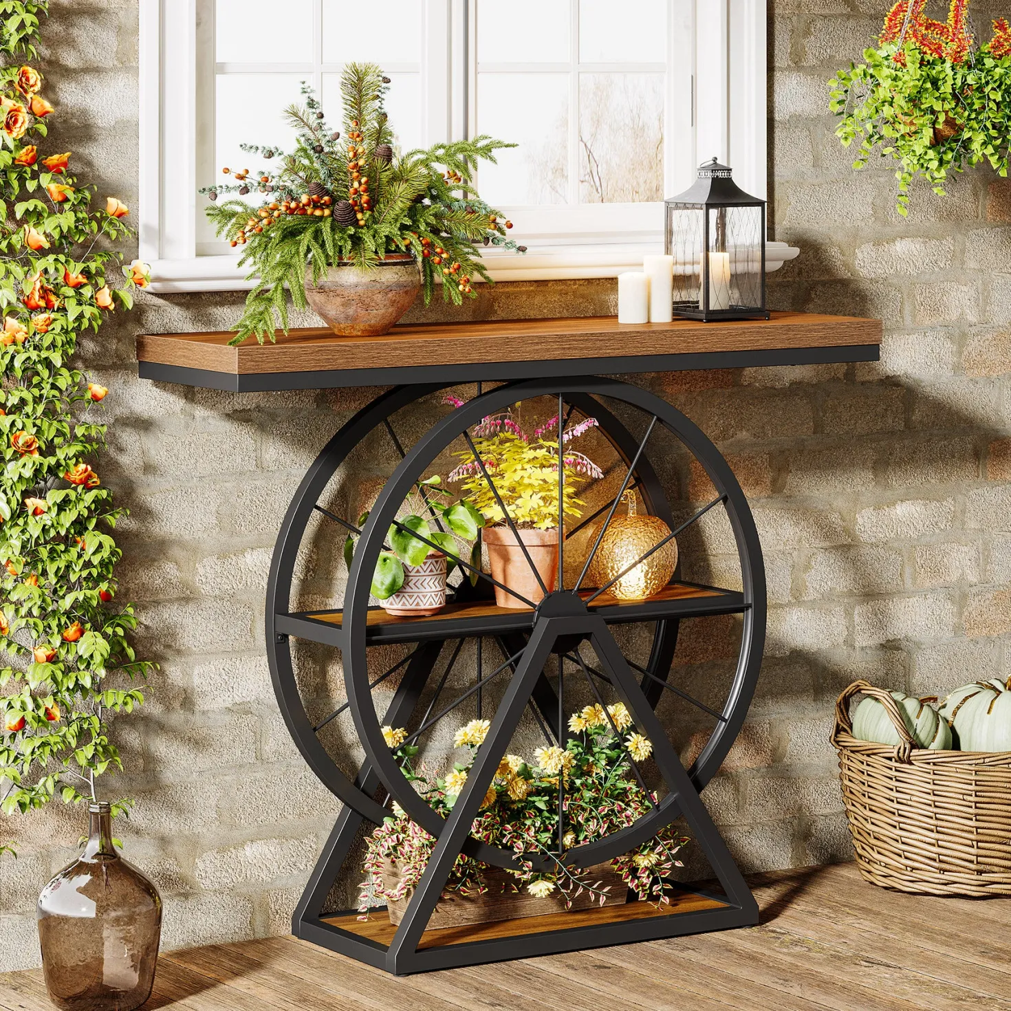 39.4" Industrial 3-Tier Console Table with Wheels, Narrow Entryway Sofa Table with Storage