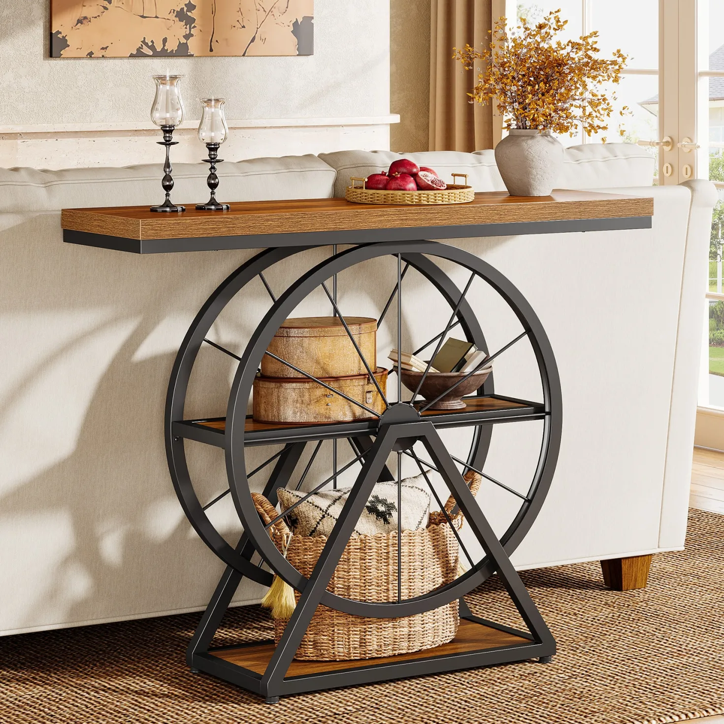 39.4" Industrial 3-Tier Console Table with Wheels, Narrow Entryway Sofa Table with Storage