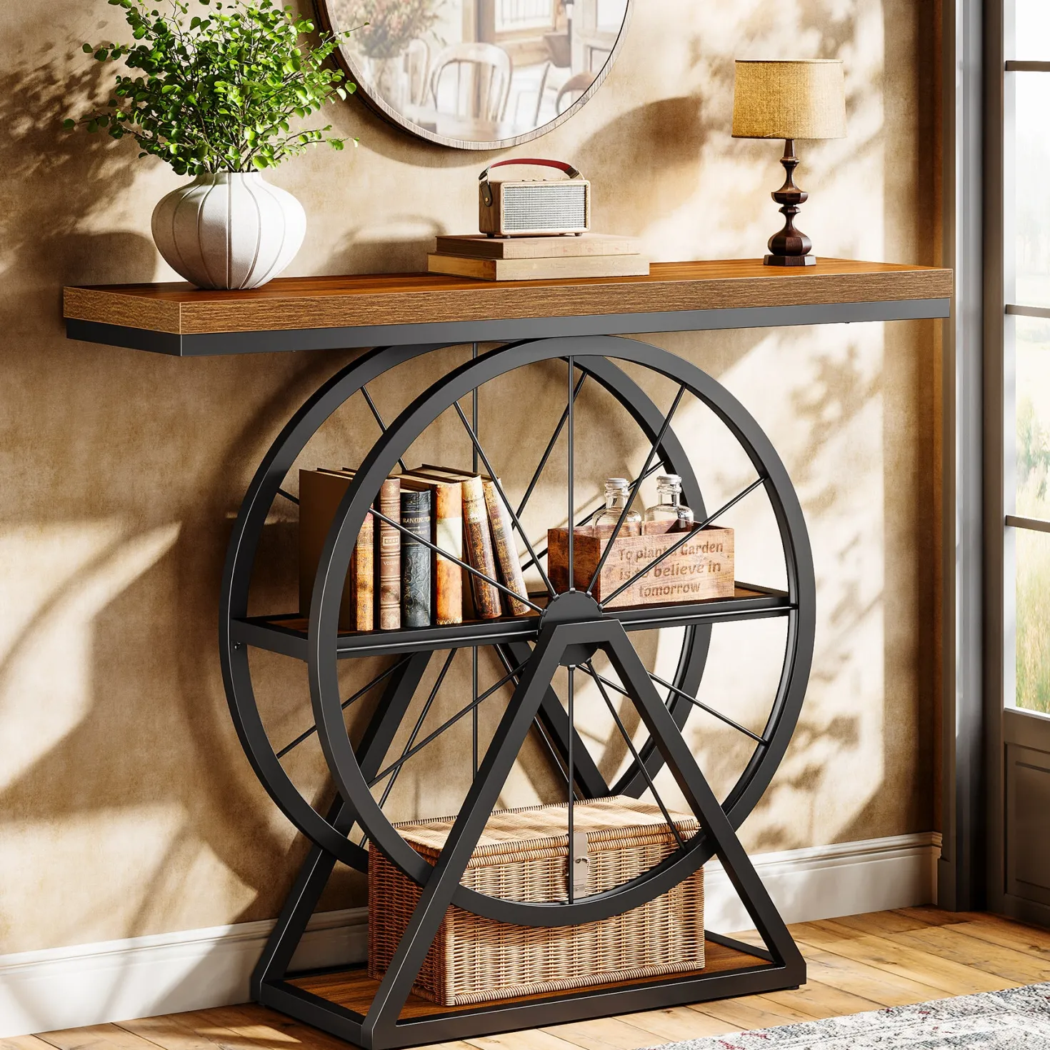 39.4" Industrial 3-Tier Console Table with Wheels, Narrow Entryway Sofa Table with Storage