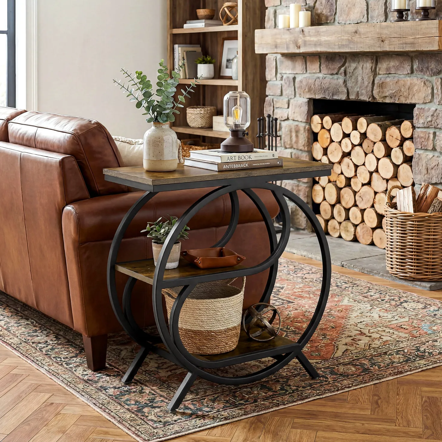 23.62" Industrial 3-Tier End Table, Rustic Brown Rectangle Side Table