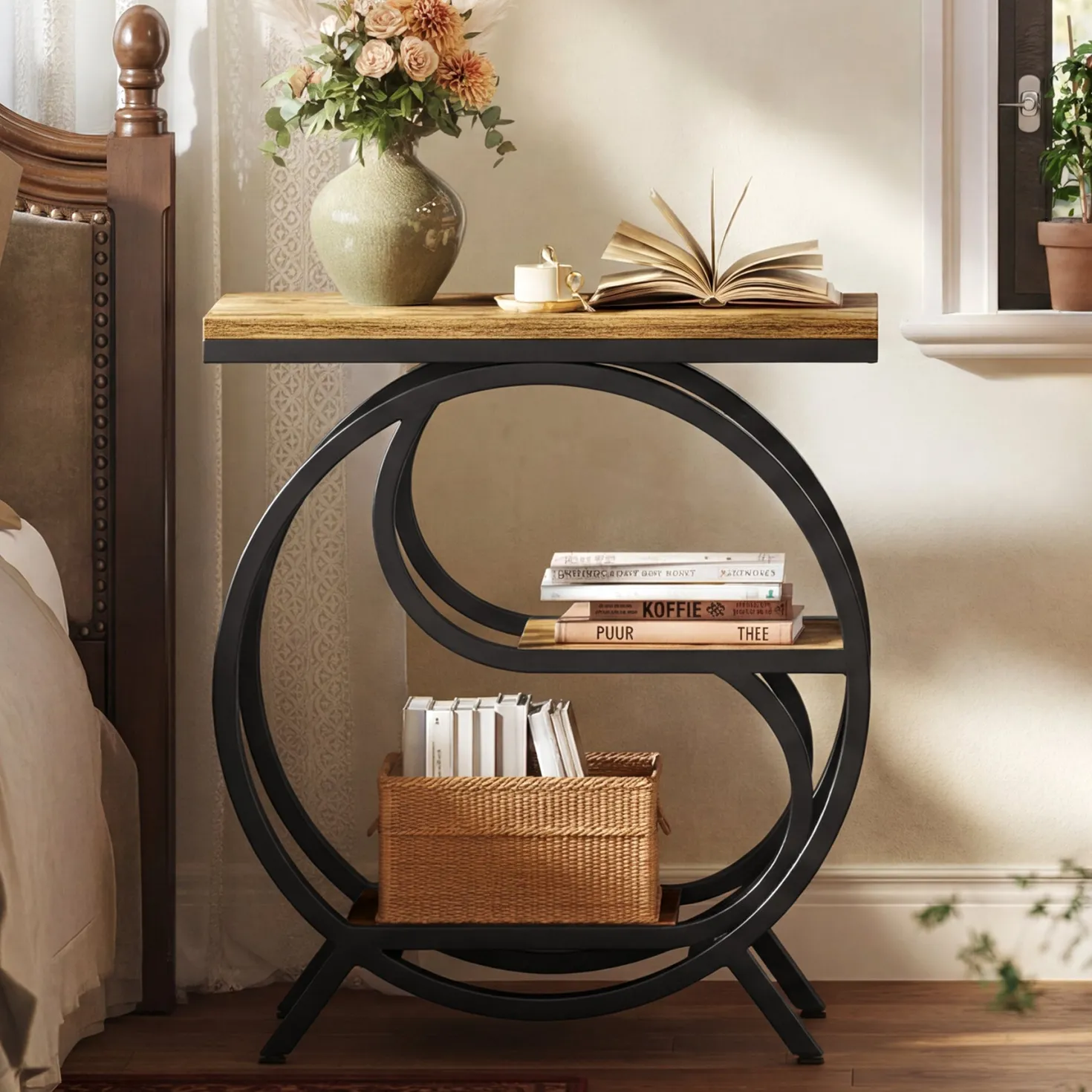 23.62" Industrial 3-Tier End Table, Rustic Brown Rectangle Side Table
