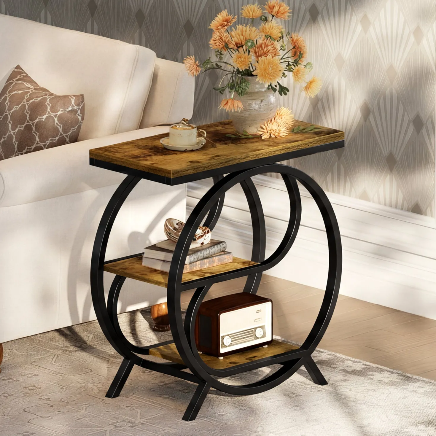 23.62" Industrial 3-Tier End Table, Rustic Brown Rectangle Side Table