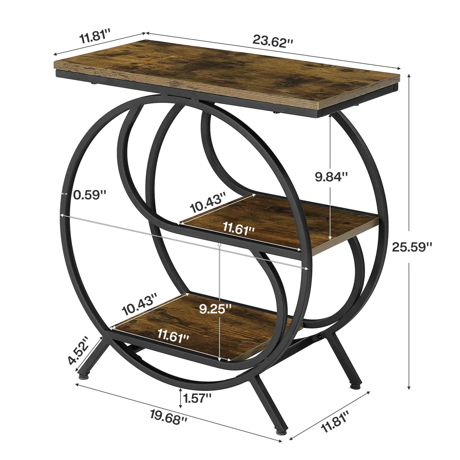 23.62" Industrial 3-Tier End Table, Rustic Brown Rectangle Side Table