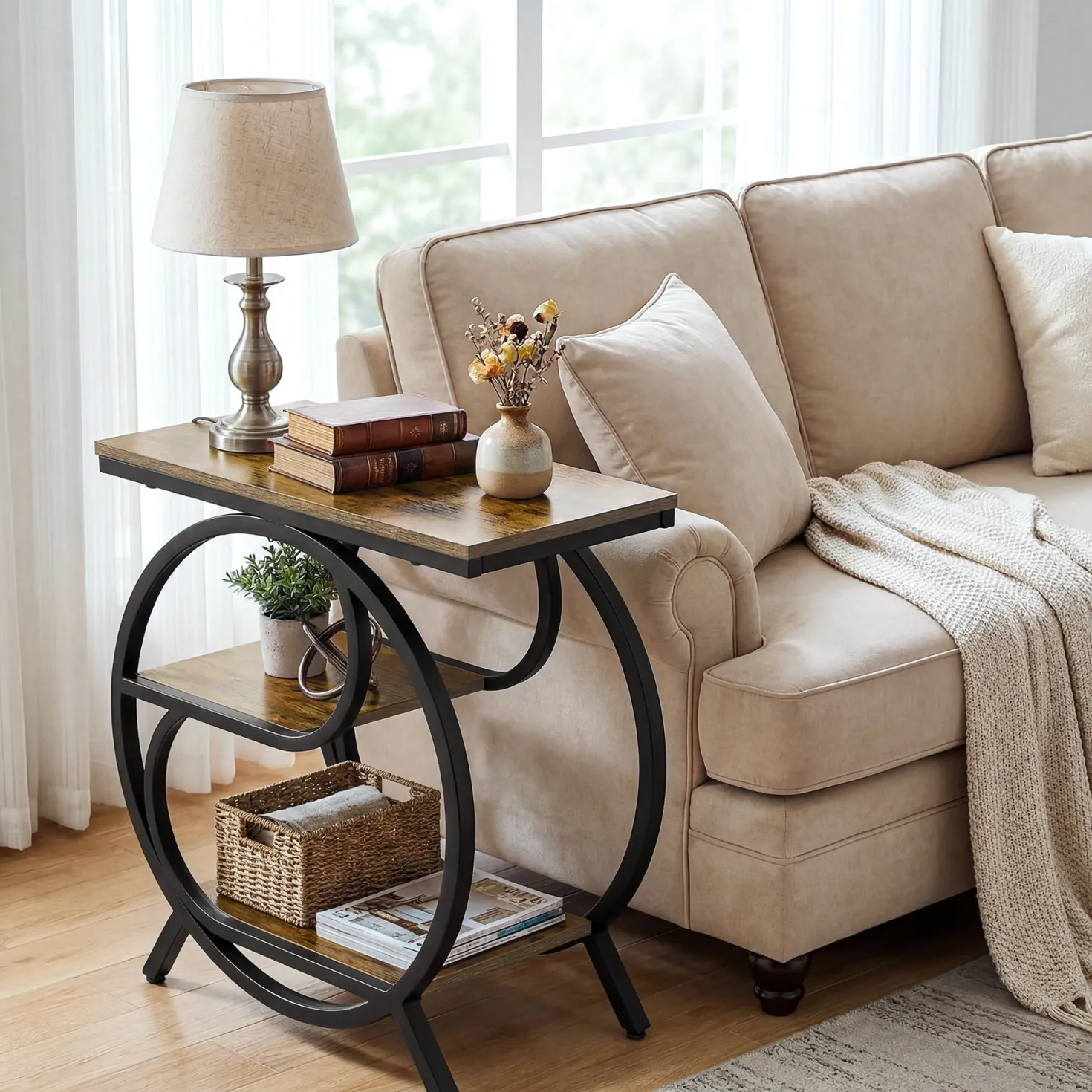 23.62" Industrial 3-Tier End Table, Rustic Brown Rectangle Side Table