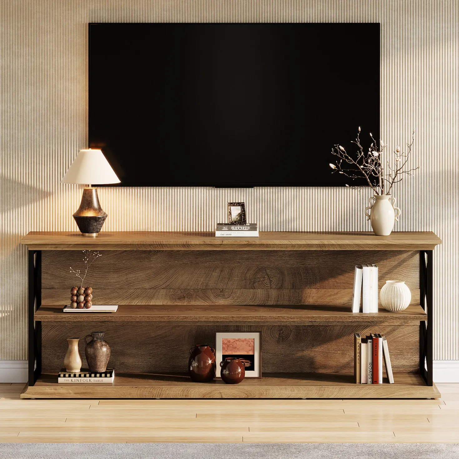 63" Industrial TV Stand for 55–75 Inch TVs, Wood & Metal Entertainment Center with 3-Tier Open Shelves