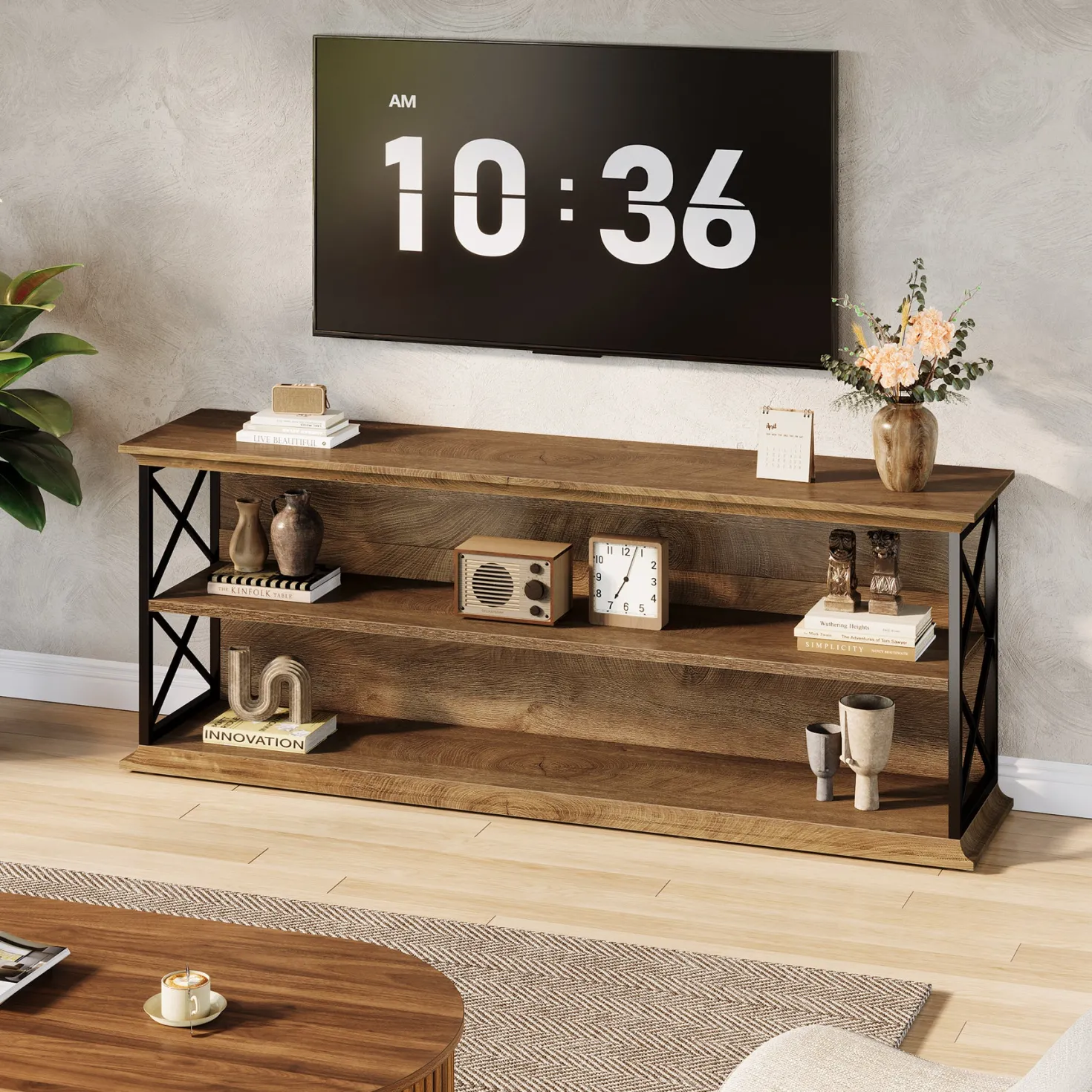 63" Industrial TV Stand for 55–75 Inch TVs, Wood & Metal Entertainment Center with 3-Tier Open Shelves